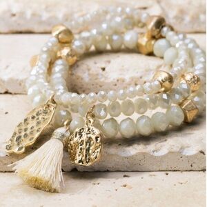 3 Glass Bead Tassel Charm Bracelets Set Ivory 3320